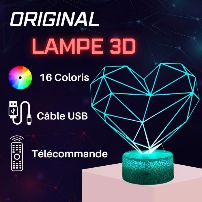 Lampe de Chevet 3D LED - Fabriquée en France - Coeur Stylisé - Multicolore - Télécommande - Tactile
