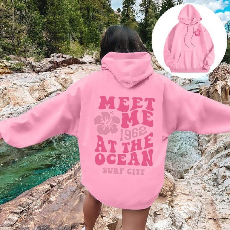 Женские толстовки с изображением пальмы Meet Me At The Ocean с принтом букв Толстовки-пуловеры с длинными рукавами Женская уличная толстовка с капюшоном
