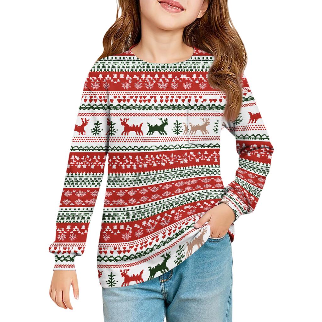 Christmas Day Girls' Long Sleeve Blouse - Round Neck Soft Waist Tunic