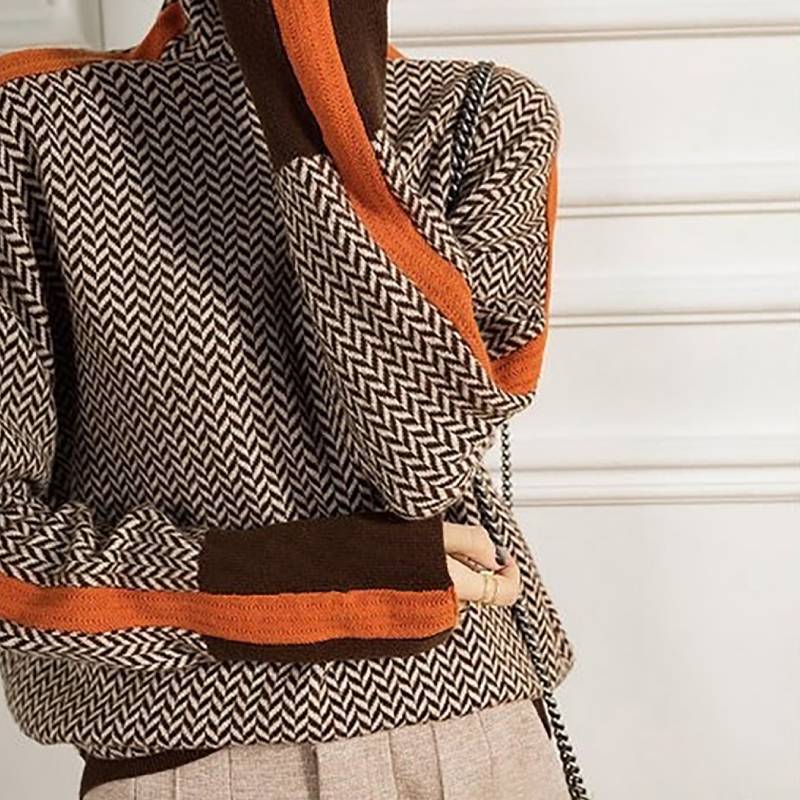 Geometric Pattern Knit Sweater With Color Block Edges For Women Fall