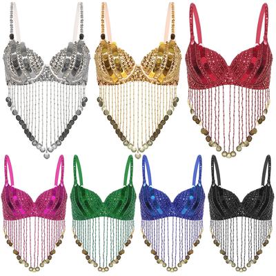 Женский блестящий бюстгальтер на косточках с блестками, бусинами, кисточками и топами для танца живота Rave