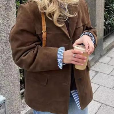 Модный женский пиджак из замши и кожи, повседневный, коричневый, с карманом на лацкане, на одной пуговице, с длинным рукавом, укороченный, уличная верхняя одежда