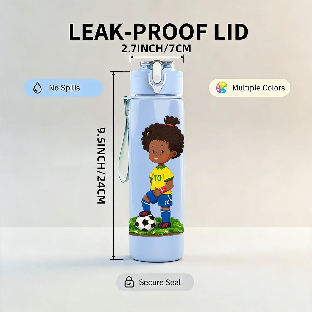 1PC Little Black Boy Play Soccer Print 750ml Color Plastic Sports Water Bottle Leakproof Flip Straw Lid Suitable for Sports Office Home Use