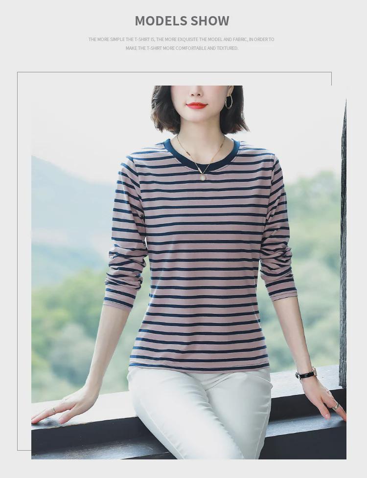 Футболка большого размера из хлопка в полоску с длинным рукавом для женщин на осень