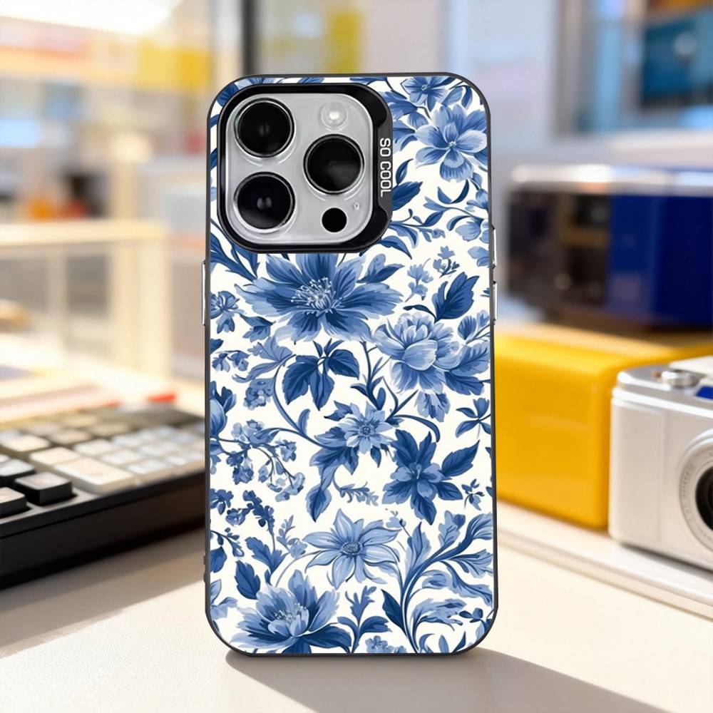 Сине-белый фарфоровый арт чехол для телефона iPhone 11, 12, 13, 14, 15, 16, 17, Pro, Max, Plus, E, Air, Mini IMD Матовый Черный