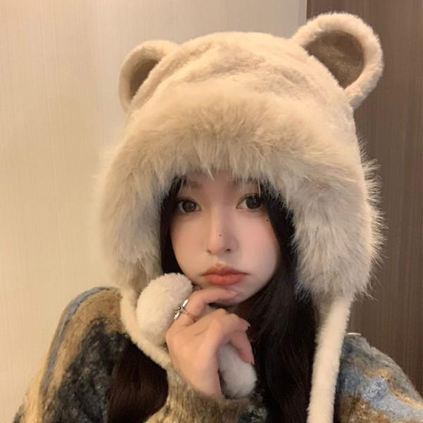 Уютная плюшевая шапка Lei Feng с ушками медведя: Утолщенная зимняя защитная шапка для ушей для женщин