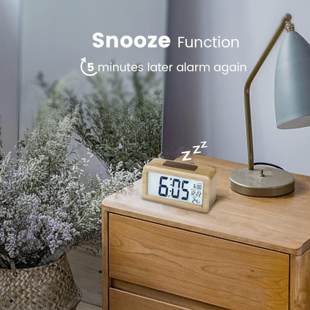 Цифровой будильник Деревянные прикроватные часы с большим ЖК-дисплеем с подсветкой, температурой, функцией повтора, датчиком яркости