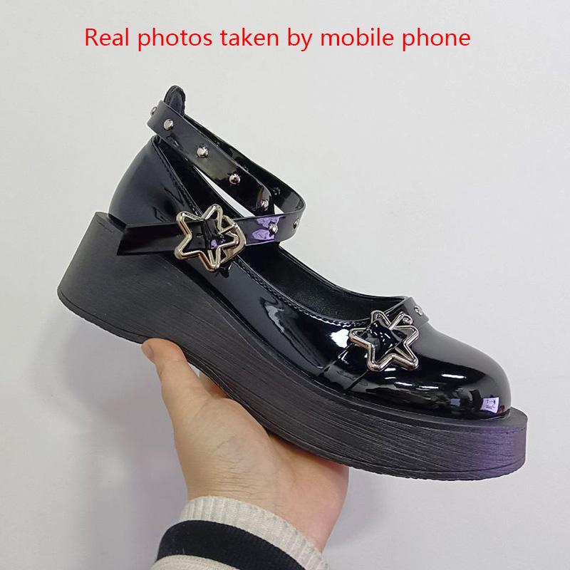 Японская обувь в стиле Лолиты, женская обувь Мэри Джейн с ремешком и пряжкой в ​​виде звезды, обувь на платформе с перекрестной шнуровкой, повседневная обувь из лакированной кожи для девочек с заклепками