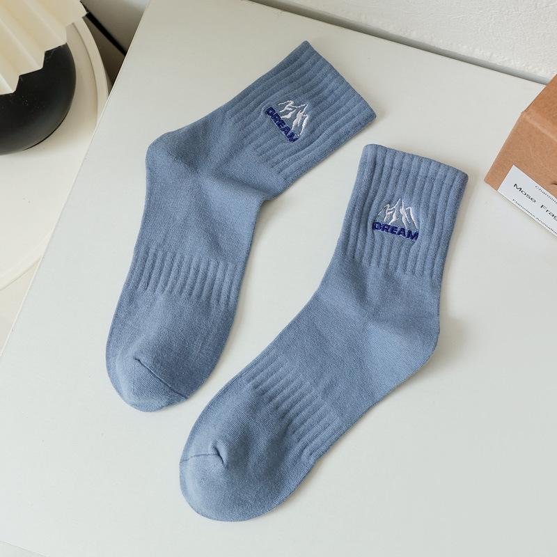 5/10 Pairs Spring Autumn Men's Solid Colour Elastic Waist Embroidered Trendy Casual Sports Socks Breathable Sweat Wicking Mid Calf Socks