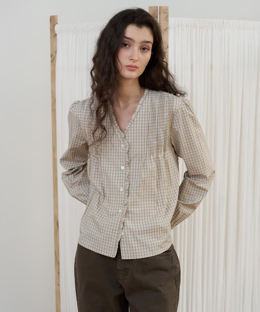 Poetseouul Frame Frill Blouse_Check Beige