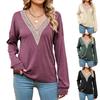 Autumn Winter Top Women Solid Lace V-neck Contrast Loose Long Sleeve T-shirt