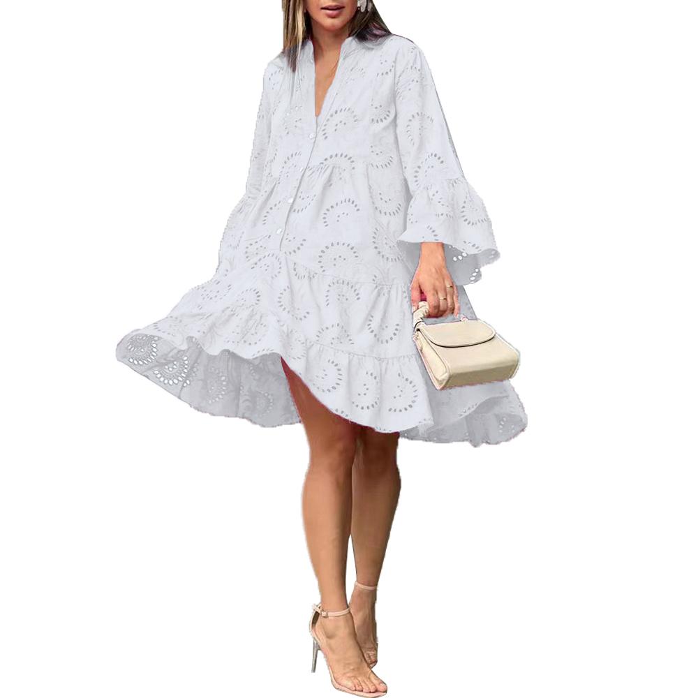 Women Hollow Out Elegant Vintage Lace Shirt Dress,Loose Casual Flare Cocktail Dress For Women