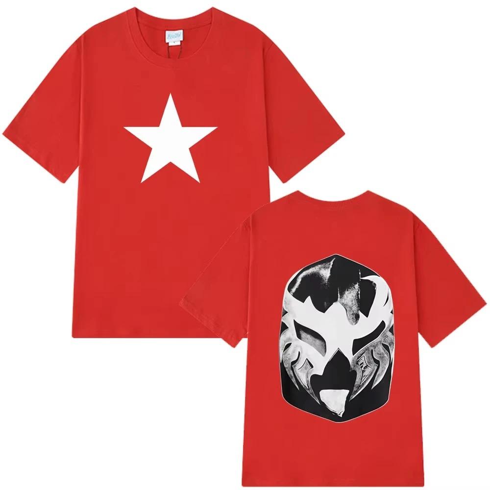 Oversized Black Cotton Casual Streetwear T-Shirt with White Star Print on Front and Lucha Libre Mask Graphic