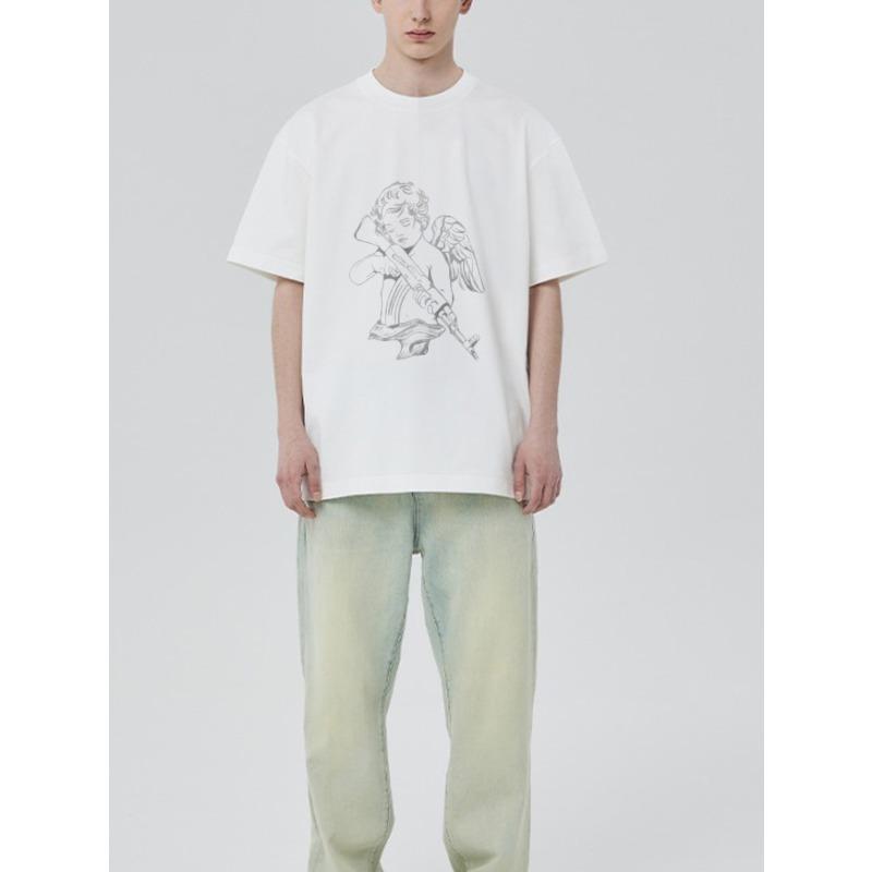 Белая футболка оверсайз с графическим принтом ангела, держащего винтовку, повседневный уличный топ для мужчин и женщин