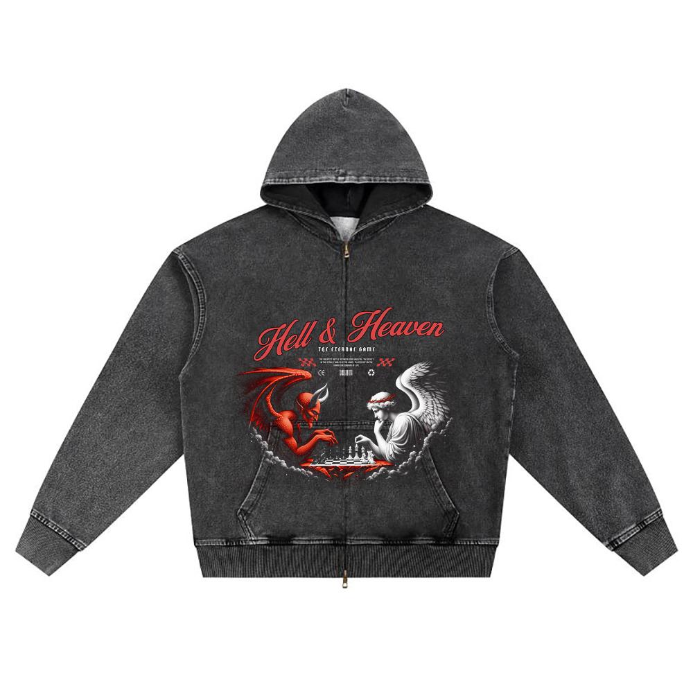 DTG Print Knitted Denim Zip-Up Hoodie Hell & Heaven Brother Print Zipper Hoodies