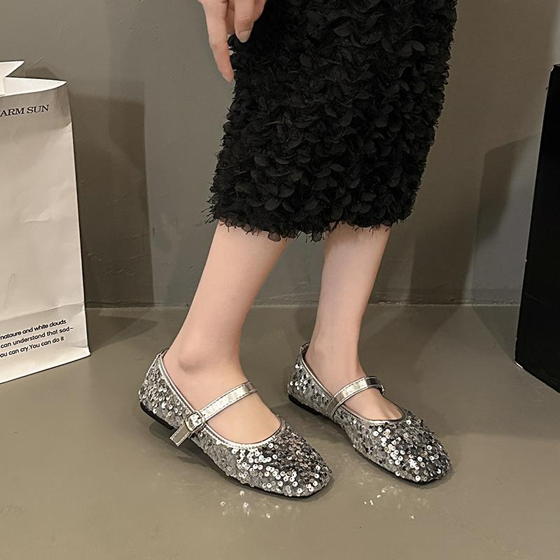 2024 New Shoes for Women Mary Janes Women's Flats Outdoor Daily Flats Women Bling Square Toe Buckle Strap Low Heel Ladies Shoes