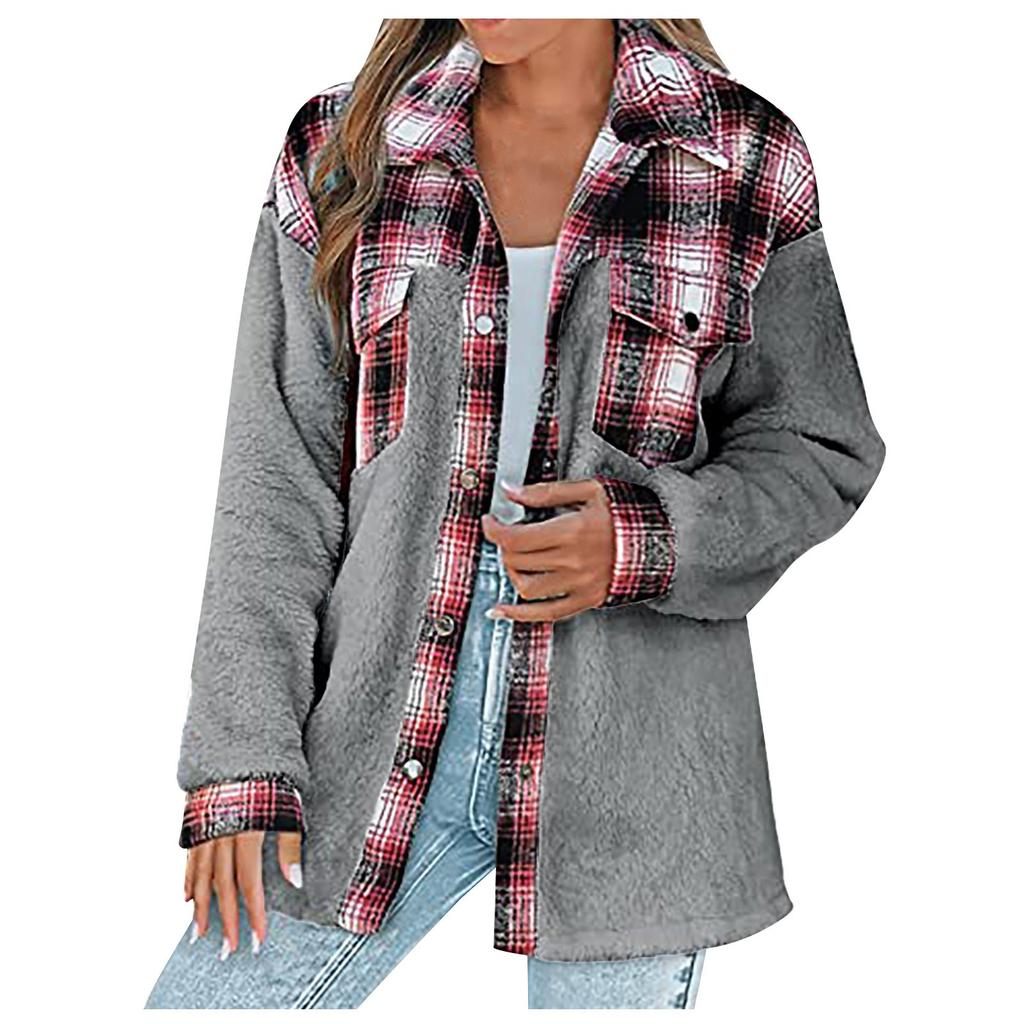 Women's Casual Fashion Lapel Single Breasted Contrast Plaid Plush Coat