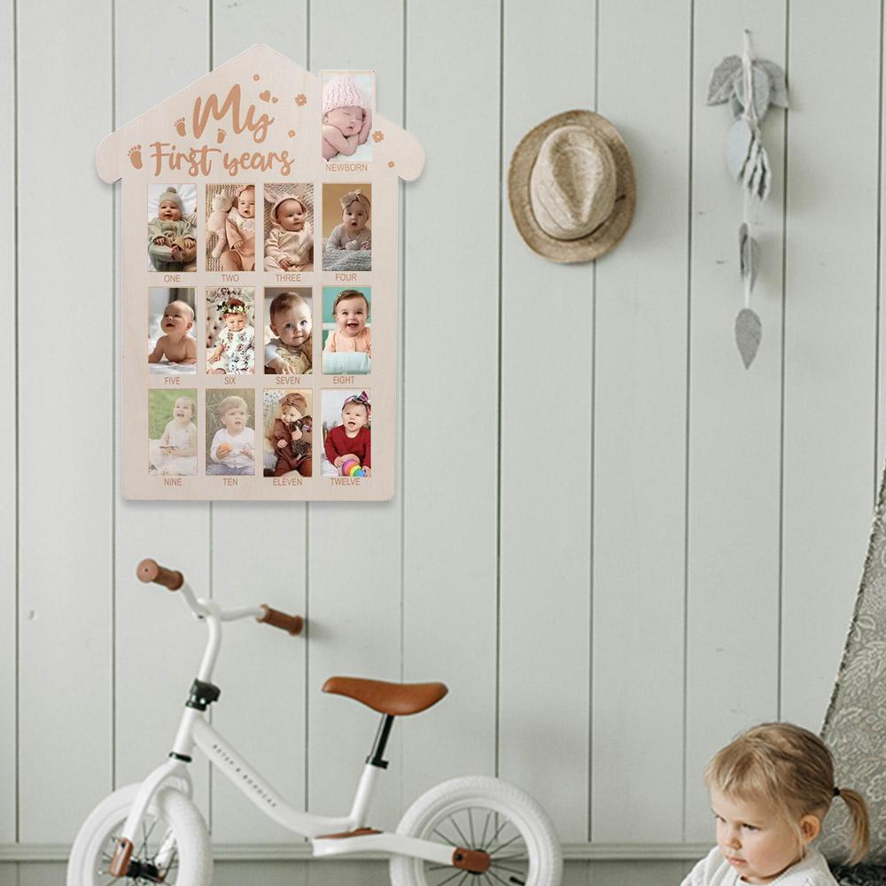 Wooden 12 Month Milestone Board Commemorative Baby Keepsake Frame for Boy Girl
