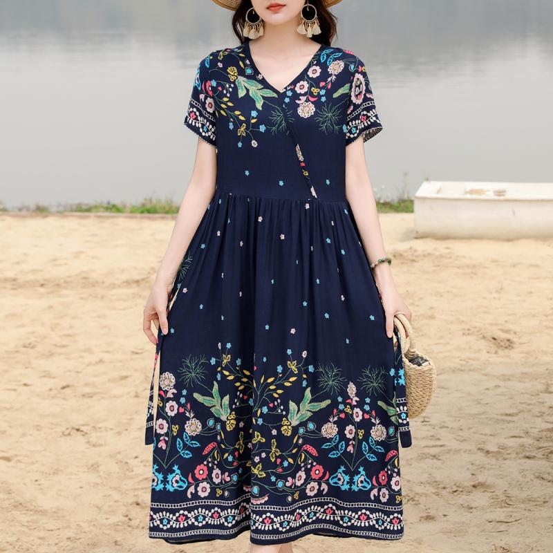 Элегантное женское летнее платье большого размера с коротким рукавом длинное платье женская винтажная одежда