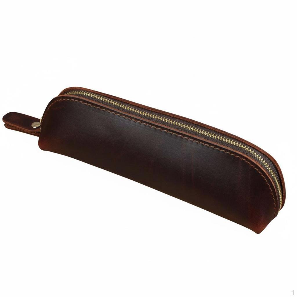 Leather Pen Case Zippered Organizer Spacious Interior for School
