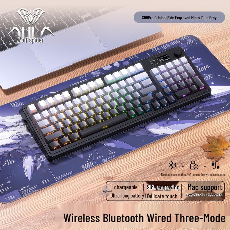 Портативная механическая клавиатура Wolf Spider S99pro — три режима, красочный дизайн, с дисплеем, для офиса и игр.