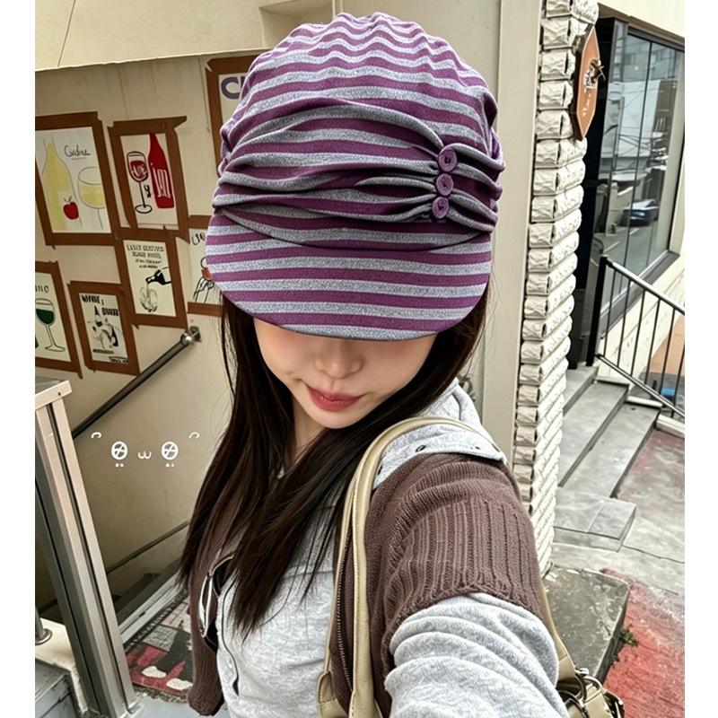 Ancient atmosphere knitted striped headscarf hat women's early autumn button pleated face small beret cap