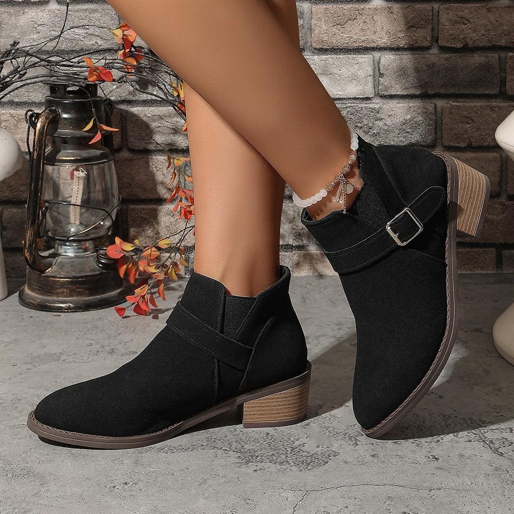 Внешняя торговля большой размер однотонные средний каблук короткие ботинки женские 2025 осень и зима новые британский стиль эластичный ремень ботинки Мартин до щиколотки