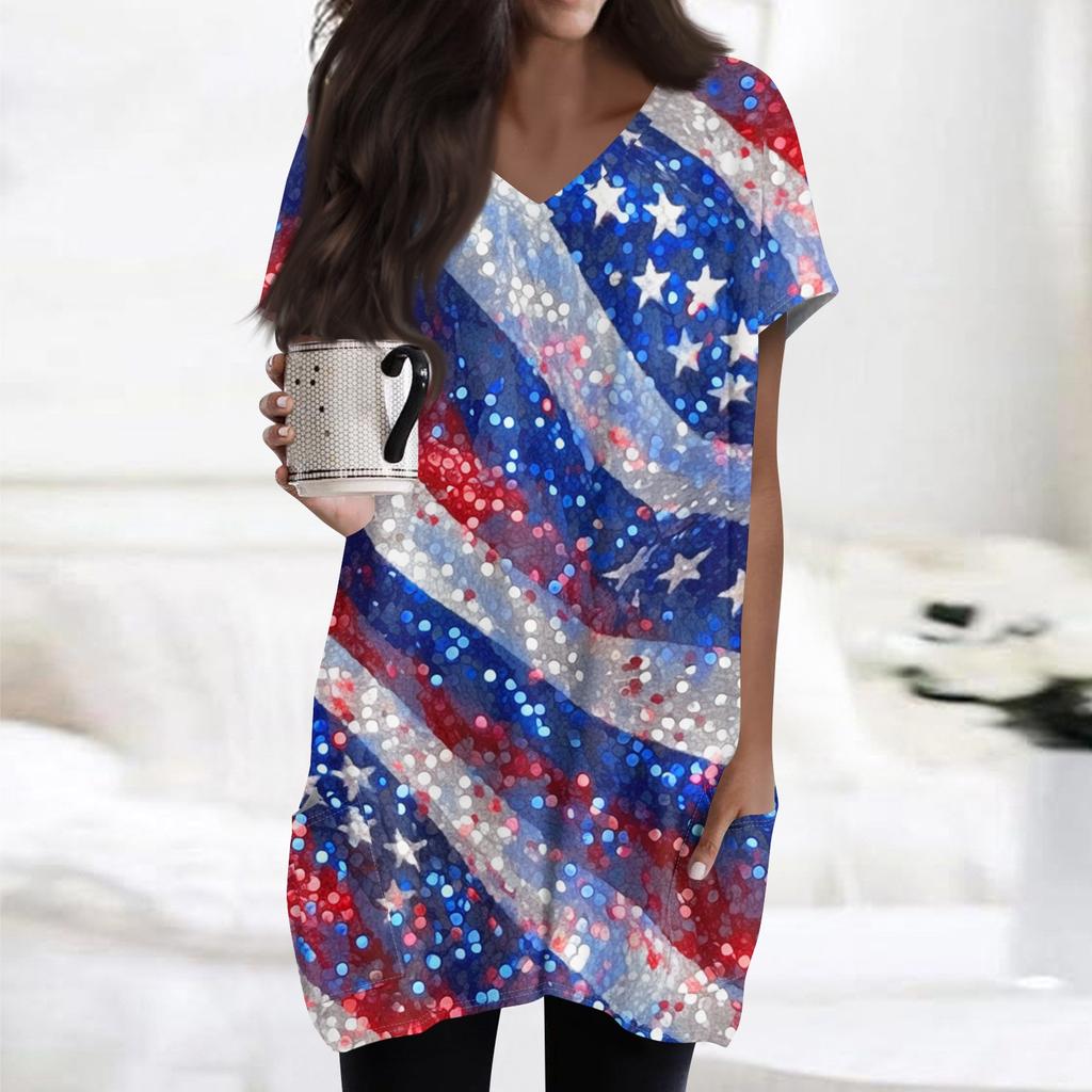 Женский топ с принтом флага Дня независимости, V-образным вырезом, карманом средней длины и коротким рукавом