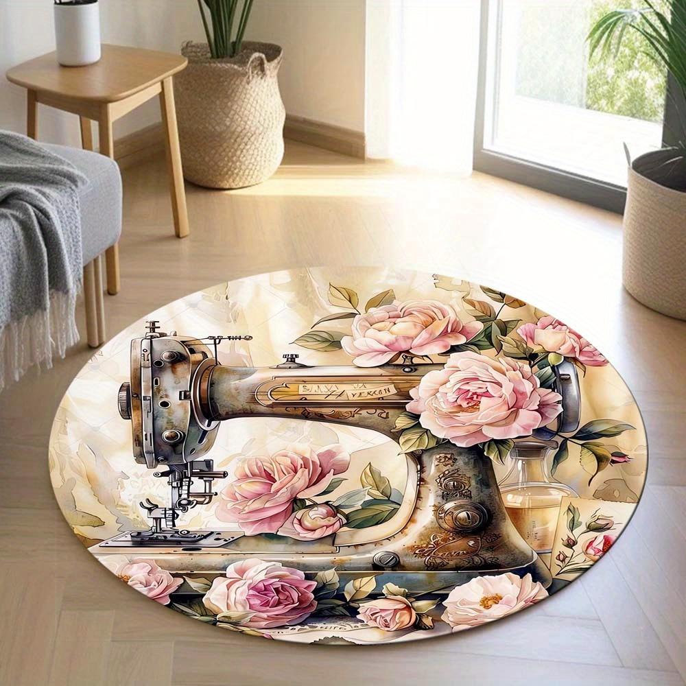 1 Piece Rose And Sewing Machine Round Rug Suitable For Living Room Bedroom And Kitchen Home Decoration Room Decoration Gift For Friends And Family