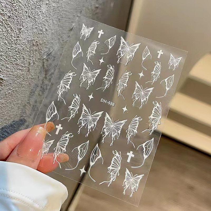 Серебряные черные белые бабочки 3D наклейки для ногтей металлические бабочки звезды распятия самоклеящиеся слайдеры обертывания маникюрные гель-лаки наклейки