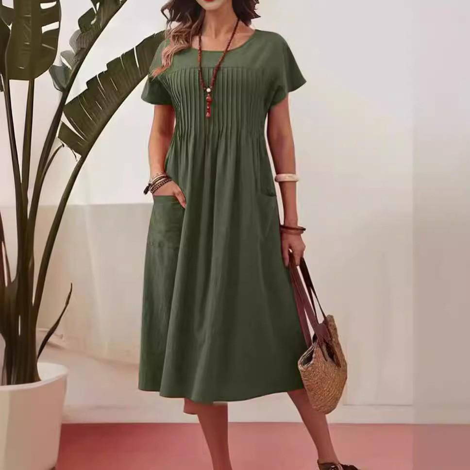 Women's Solid Color Round Neck Pocket Pleated Short Sleeve Cotton And Linen Dress