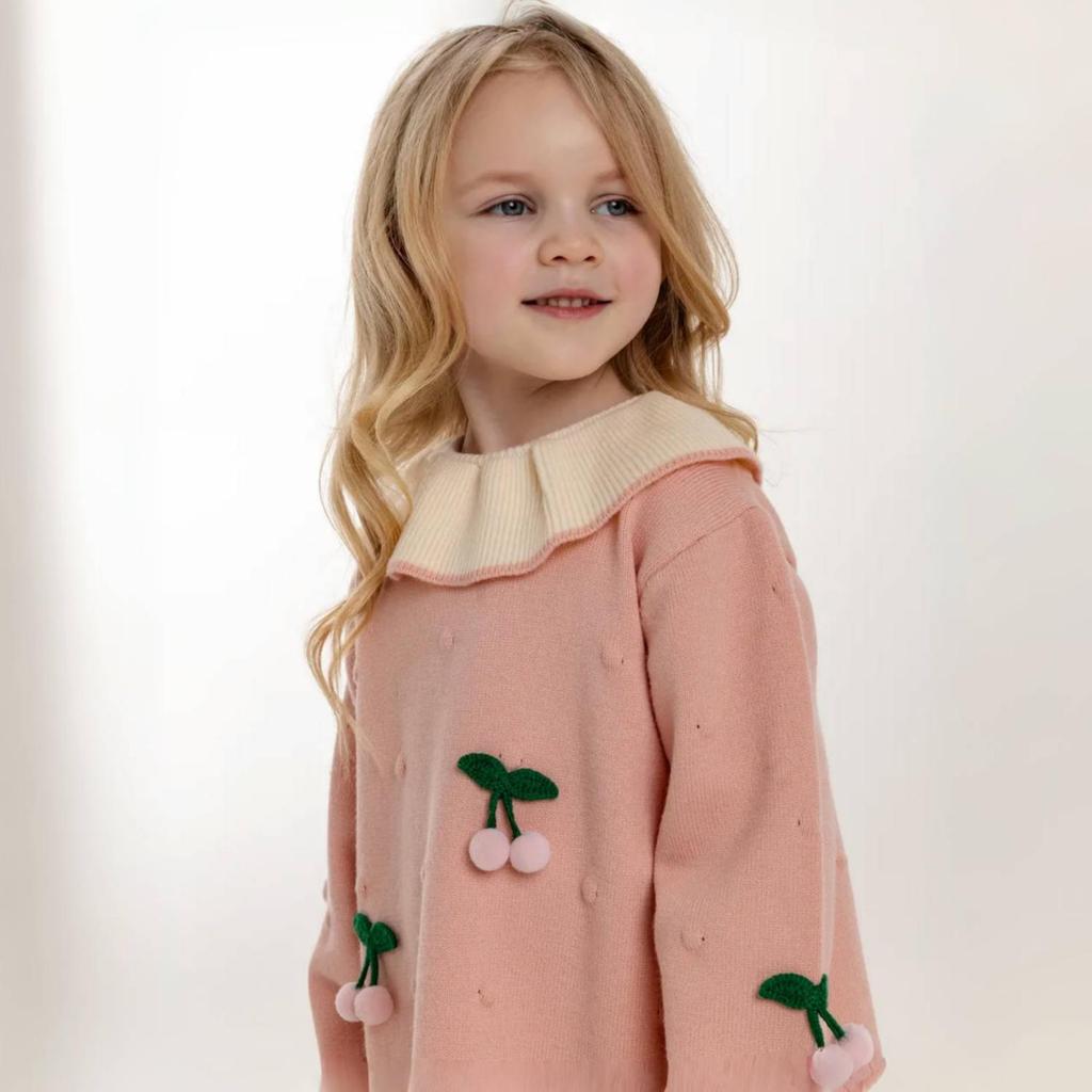 Girls' Knitted Cherry Dress – Long Sleeve Warm Sweater Dress with Ruffled Collar