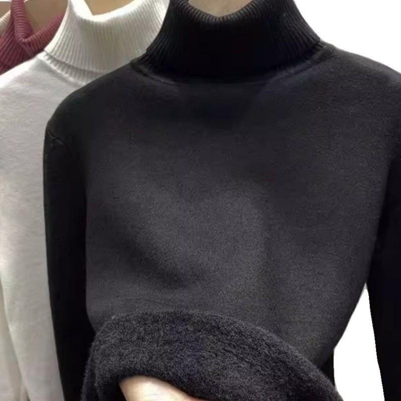 Womens Warm Knit Turtleneck Sweater With Fleece Lining Slim Fit Long Sleeve Top Winter