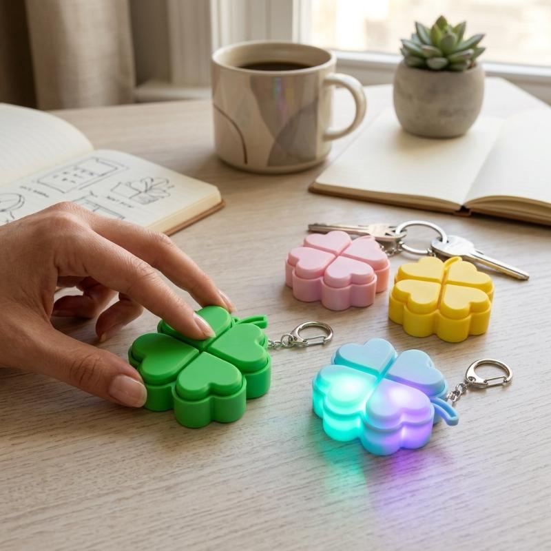 Stress Relief LED Keychain with Four-Leaf Clover Design Clickable Buttons for Everyday Use