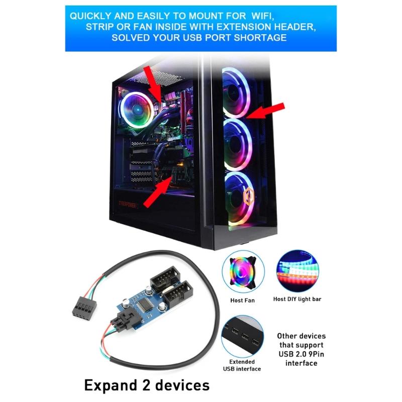 USB-разветвитель на 9 контактов для материнских плат Расширение USB на 9 контактов Решает проблему нехватки портов для пользователей настольных ПК