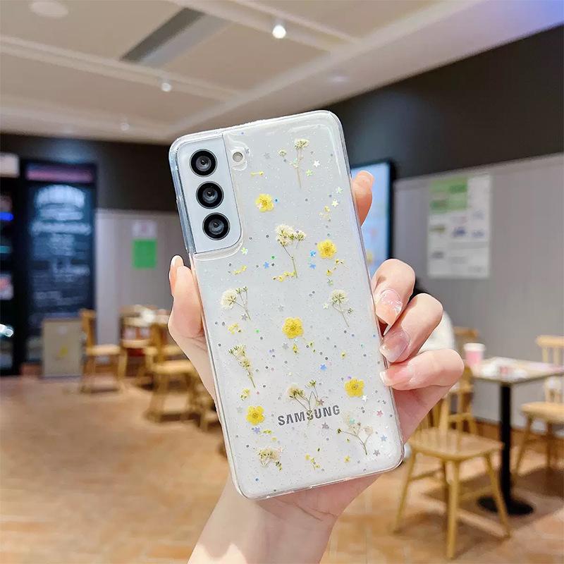 Для Samsung S25ultra Чехол для телефона с цветами S24Plus Блестящий розовый с пайетками A16 Прозрачный A35 Натуральный цветок Нишевый