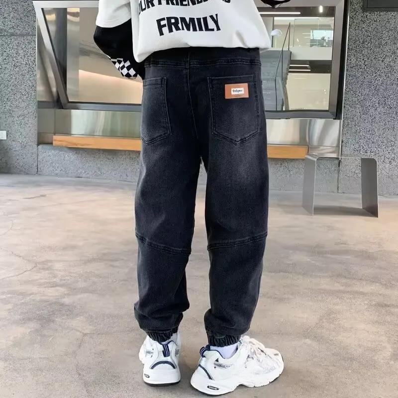 Джинсы для мальчиков весна-осень, черные, детские, свободные, повседневные, модные, спортивные брюки на шнурке