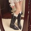 Fashion Trend Retro Black High-end Thick Heel Boots Women's Summer 2025 New with Skirt Western Cowboy Boots