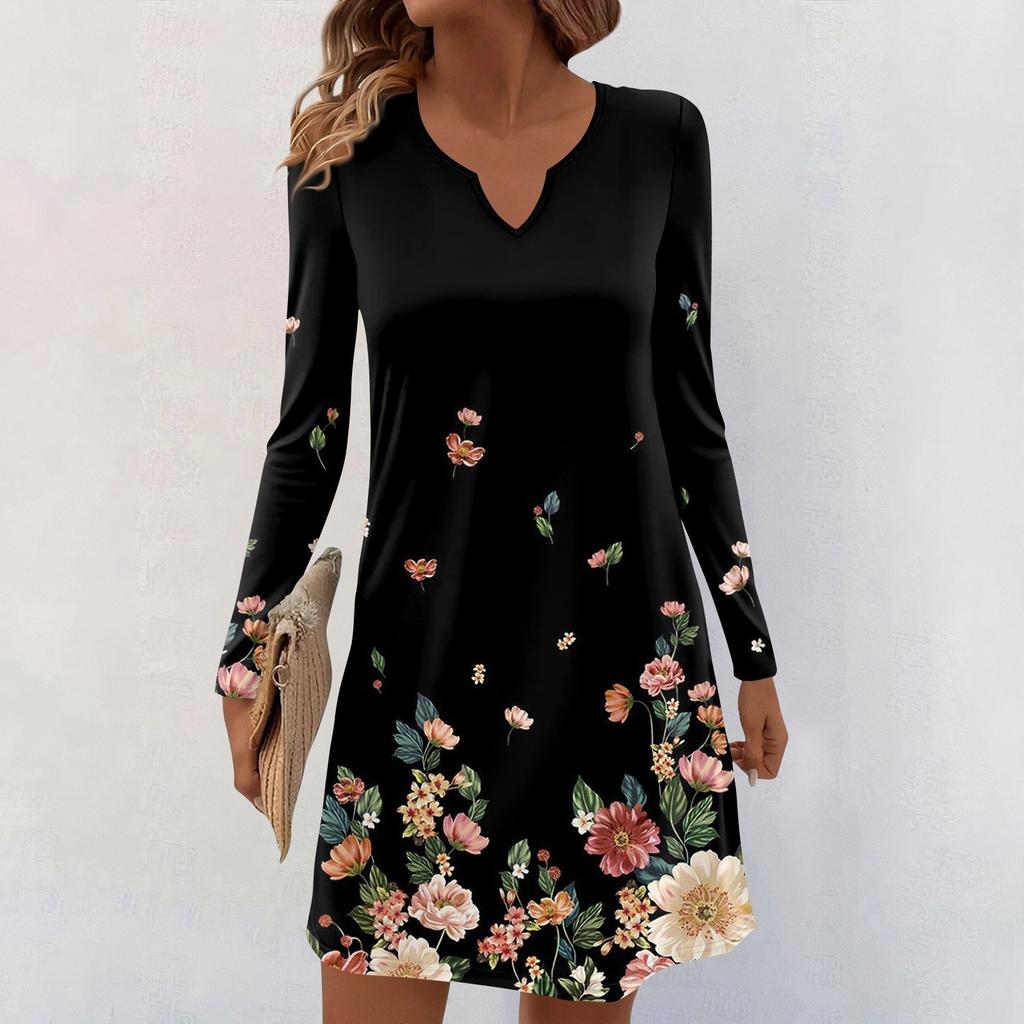Women's Long-sleeved Casual Midi Dresses V-Neck Print Casual Dress