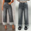 Womens High-Waisted Straight Leg Denim Jeans With Rolled Cuffs Vintage Wash Mid-Stretch Cotton Blend