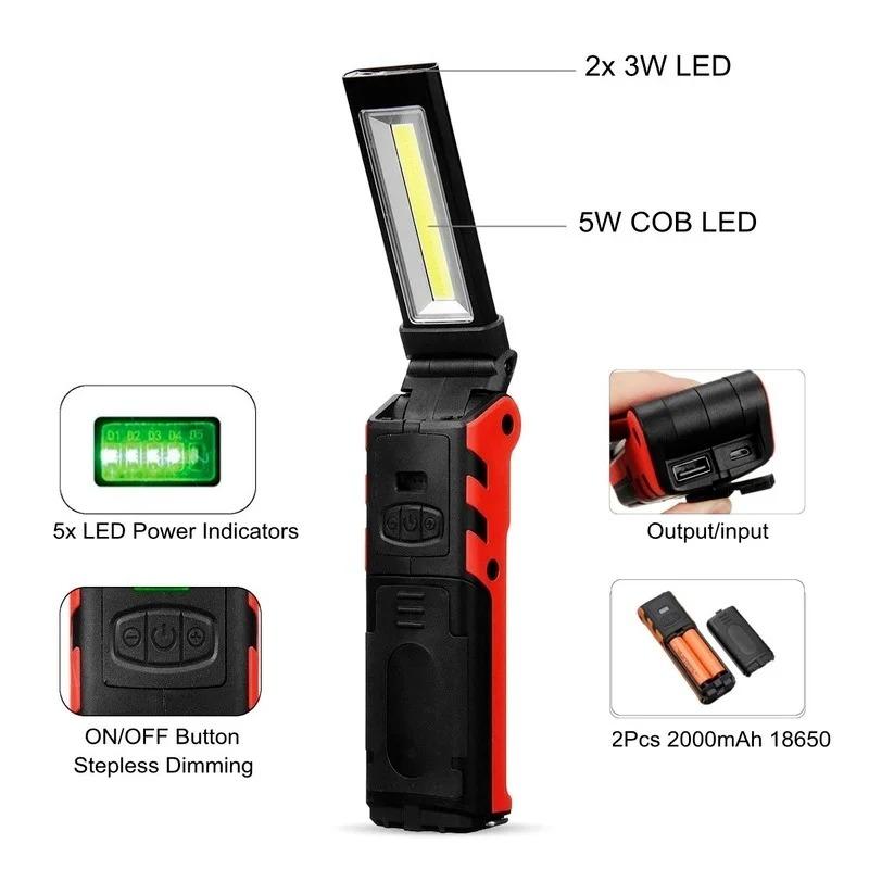 Dimmable COB LED Work Light USB Rechargeable Flashlight with Magnetic &Hook Power Bank Inspection Lamp for Car Repair Camping