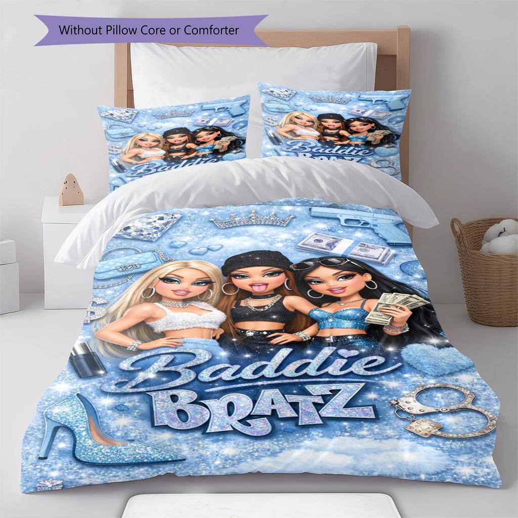 Постельное белье с принтом кукол Bratz, комплект одеял, пододеяльник, наволочка, домашний декор, подарок (1 пододеяльник + 2 наволочки, без наполнителя)