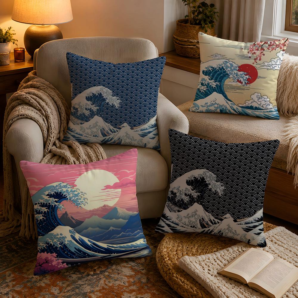 Japanese Waves Anime Cushion Cover Soft Plush Cushion Cover Double Print And Invisible Zipper For Sofa Home Car Use