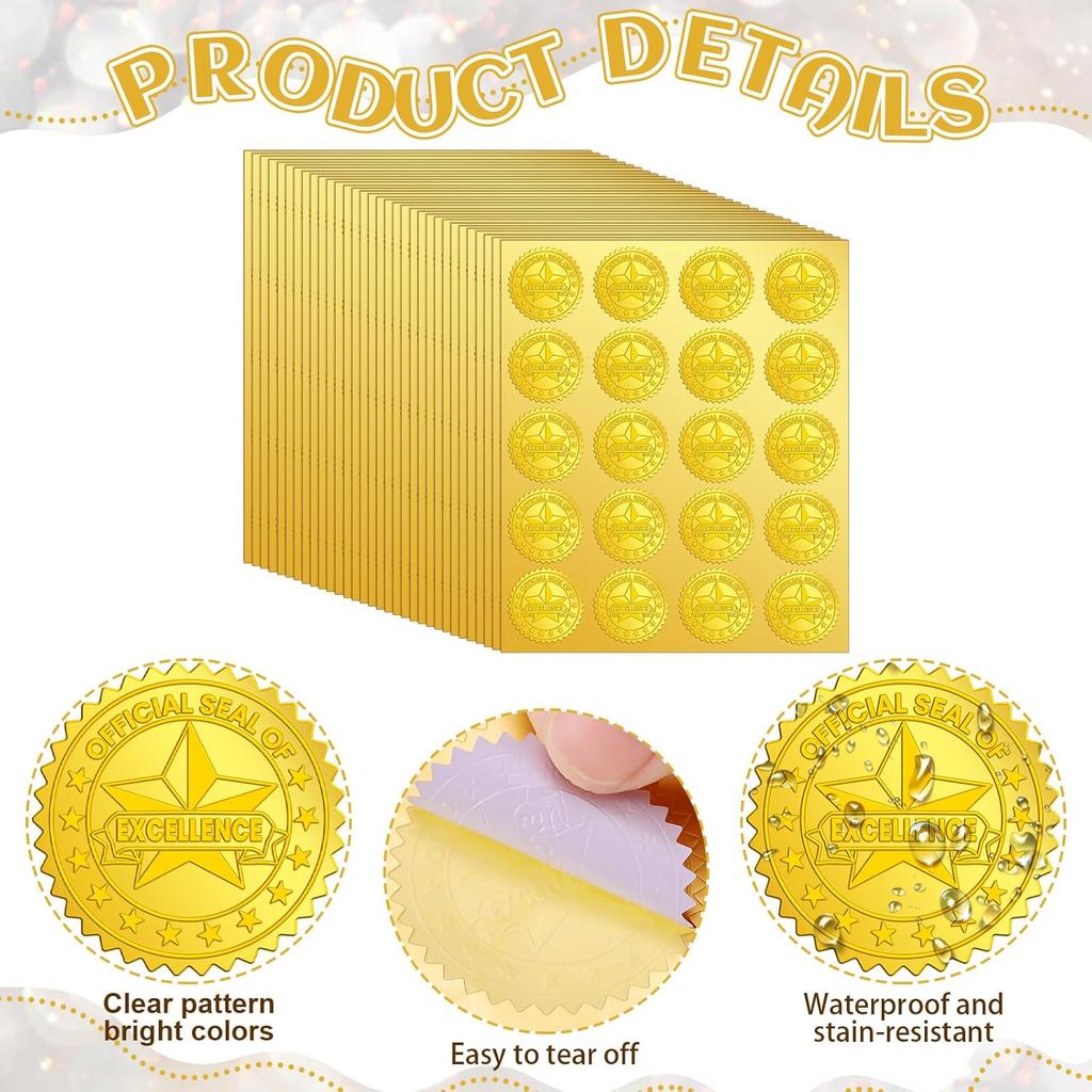 Kosiz 500 Pcs Official Seal of Excellence Embossed Gold Foil Certificate Seals 1.5 Inch Self Adhesive Gold Achievement Award Stickers for Graduation