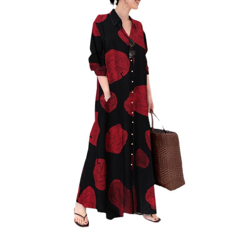 Хлопково-льняное платье-рубашка с длинным рукавом свободного кроя в стиле кэжуал для женщин больших размеров.