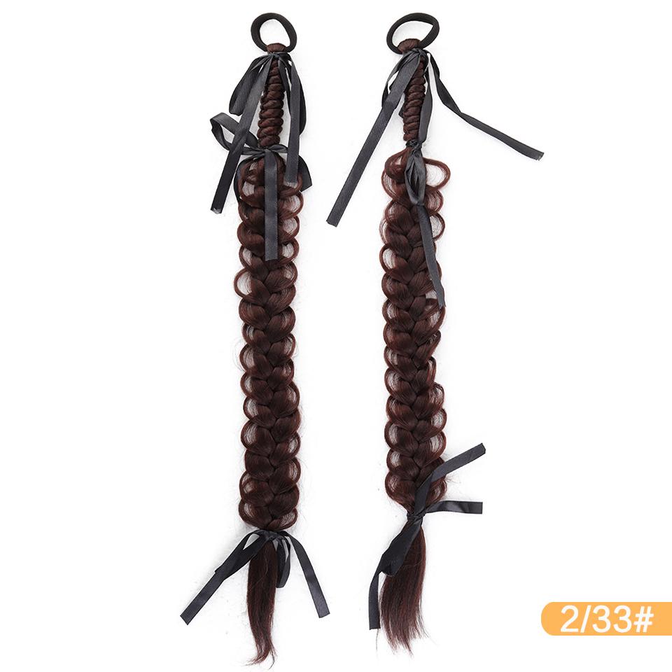 Ponytail Synthetic Wig Elastic Style Boxing Braid Wig with Ribbon Bow Hair Accessories Suitable for Ladies to Wear Daily