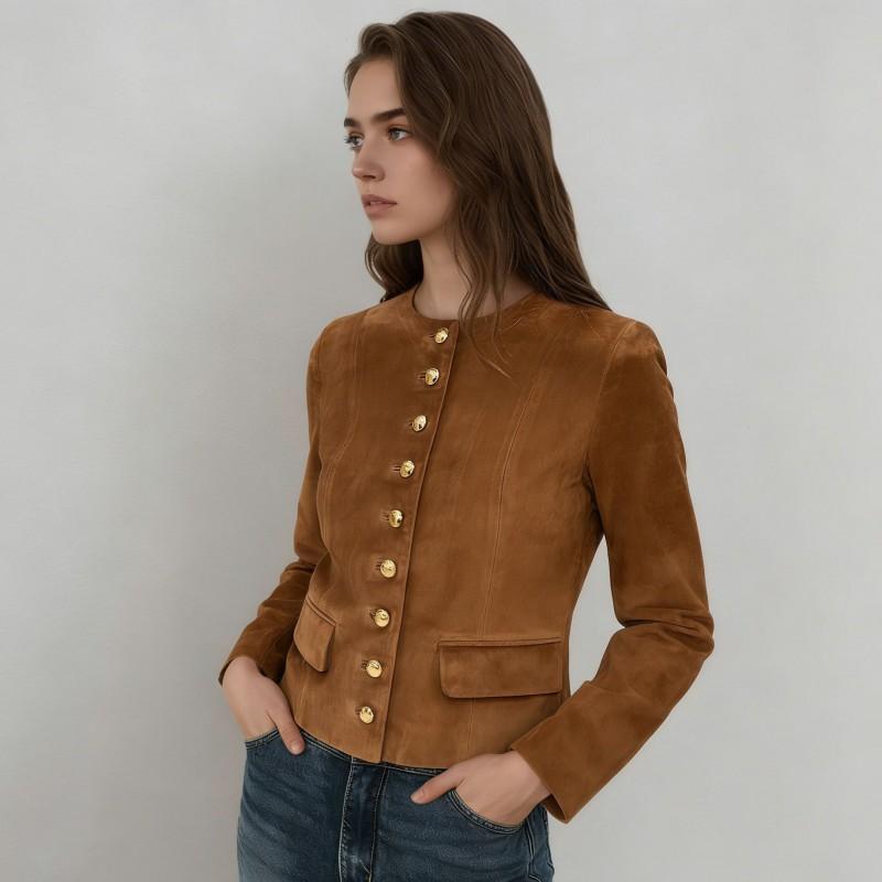 Womens Vintage Suede Blazer Short Single-Breasted Fashion Coat Office