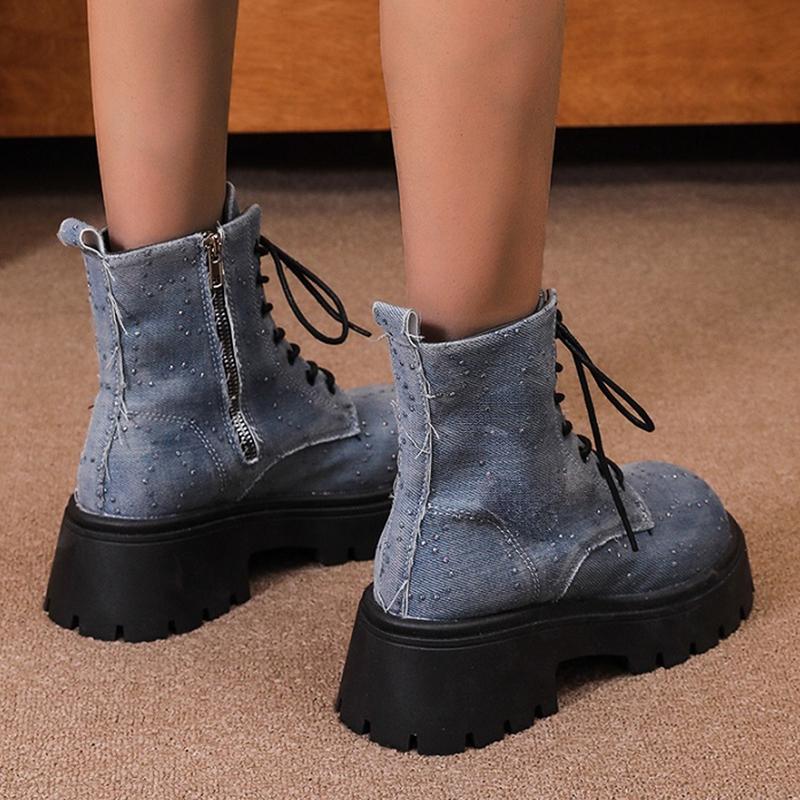 Мода Модные Платформа Джинсовые Ботильоны Женские Кристалл Толстый Каблук Короткие Сапоги Женские Толстые Ботинки Мотоциклетные Ботинки Нескользящие Женские
