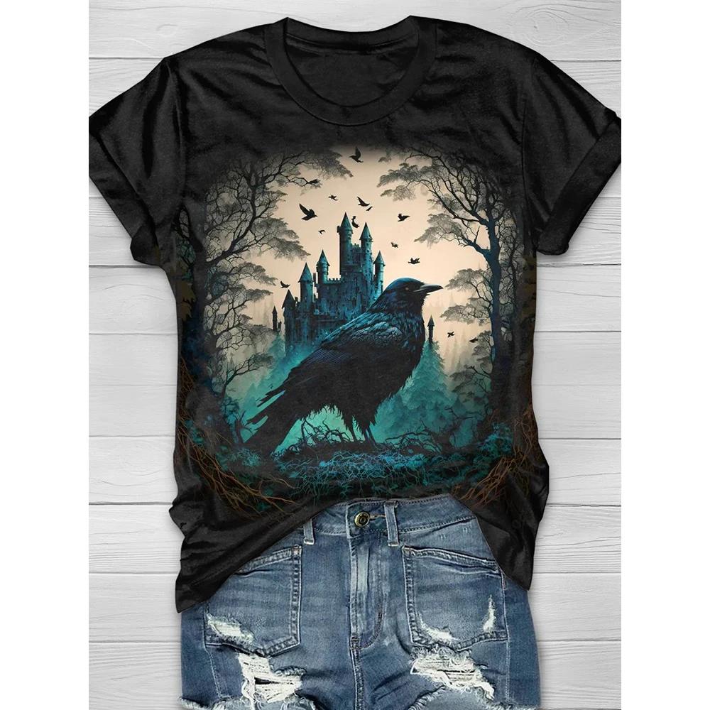 Fashion Women's T Shirt 3d Crow Pattern Print Summer Crew Neck Short Sleeve Pullover Luxury Female T-Shirts Oversized Clothing