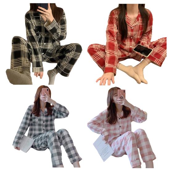 2 шт./компл., женский пижамный комплект на весну и лето, клетчатый принт с лацканами и длинными рукавами, свободный однобортный широкий комплект домашней одежды, рубашка и брюки, комплект одежды для сна